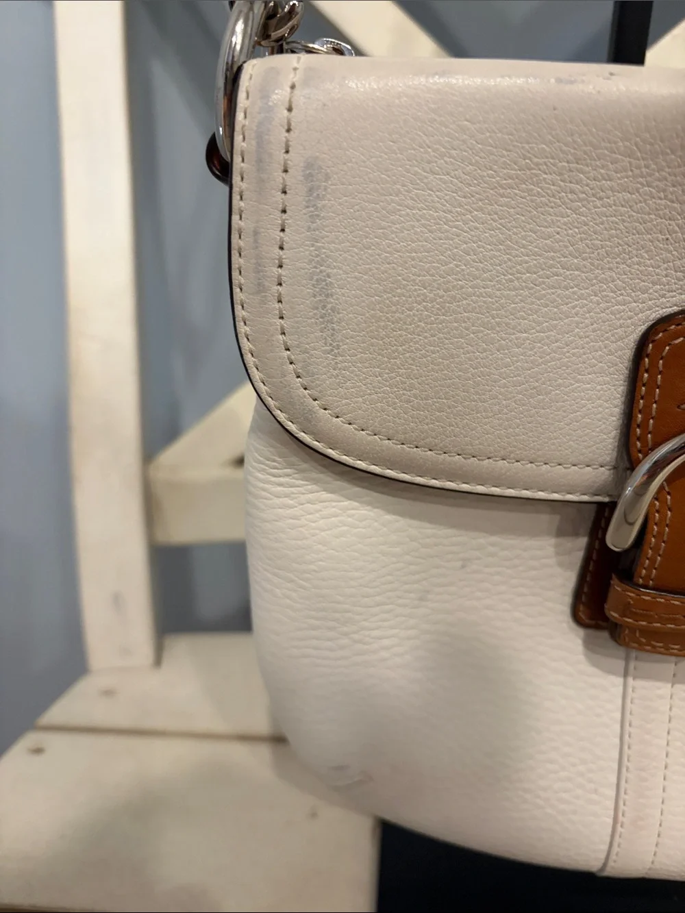 Coach SoHo Leather Crossbody Bag in Cream with Brown Trim